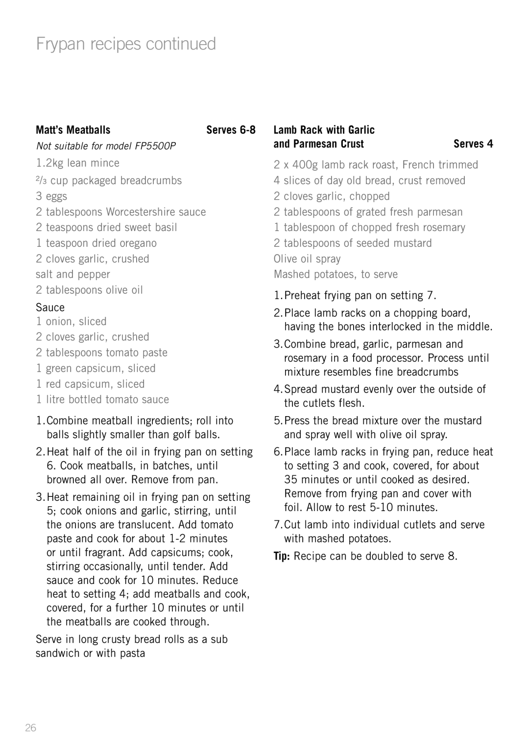 Sunbeam FP5910, SK4200P, FP5500P, FP5900P, FP5610P manual Matt’s Meatballs, Lamb Rack with Garlic Parmesan Crust 