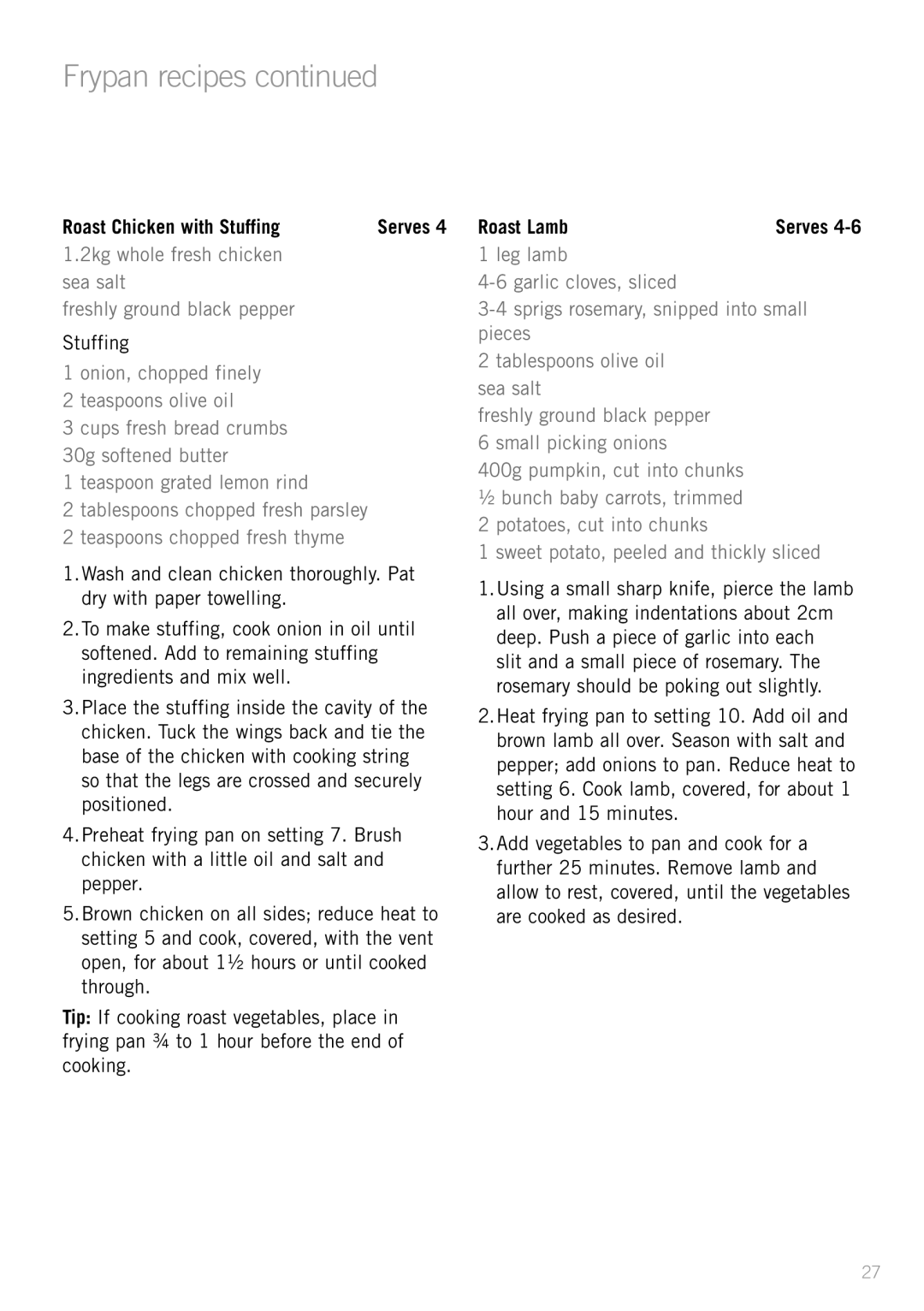 Sunbeam FP5610P, SK4200P, FP5500P, FP5900P, FP5910 manual Roast Chicken with Stuffing, Roast Lamb 