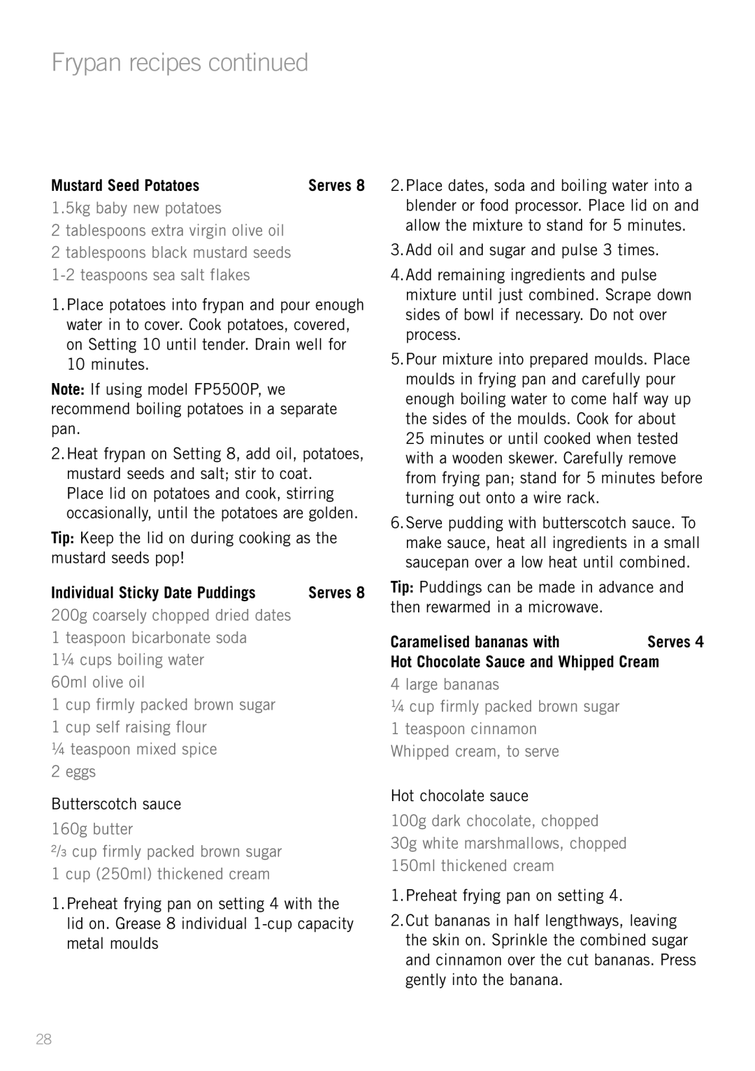 Sunbeam SK4200P, FP5500P, FP5900P, FP5910, FP5610P manual Mustard Seed Potatoes, Individual Sticky Date Puddings 