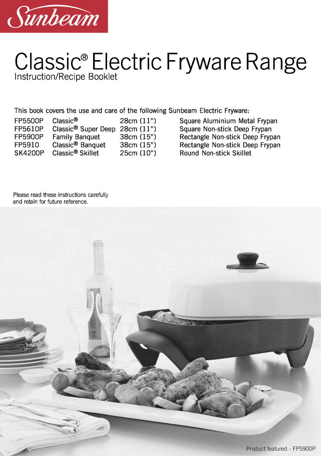 Sunbeam FP5500P manual Instruction/Recipe Booklet, Waiting on Front, Cover from Energi, Classic Electric Fryware Range 