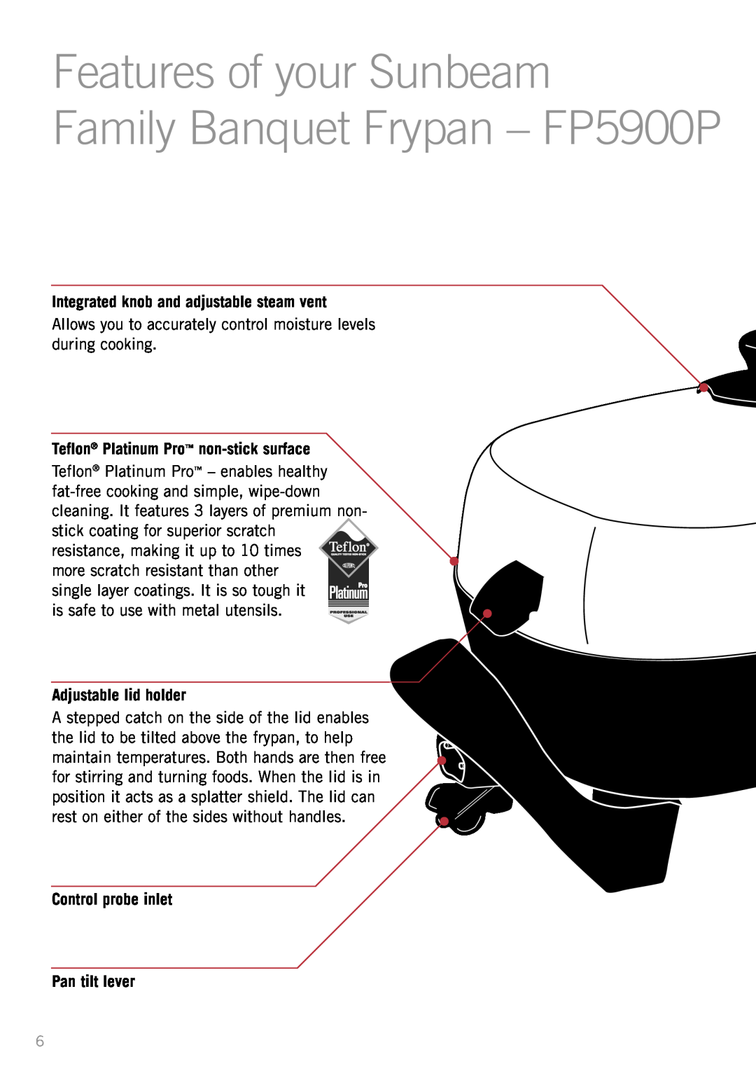 Sunbeam FP5910 manual Features of your Sunbeam, Family Banquet Frypan – FP5900P, Integrated knob and adjustable steam vent 