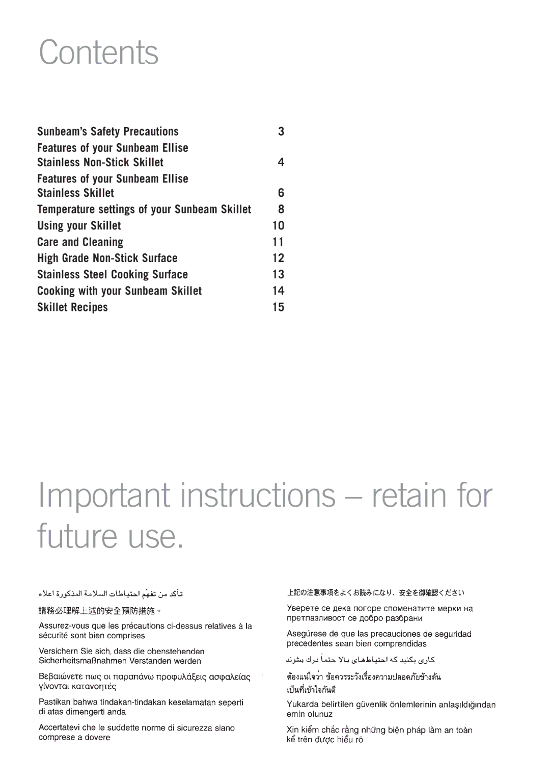 Sunbeam SK6400, SK6410 manual Contents, Important instructions retain for future use 