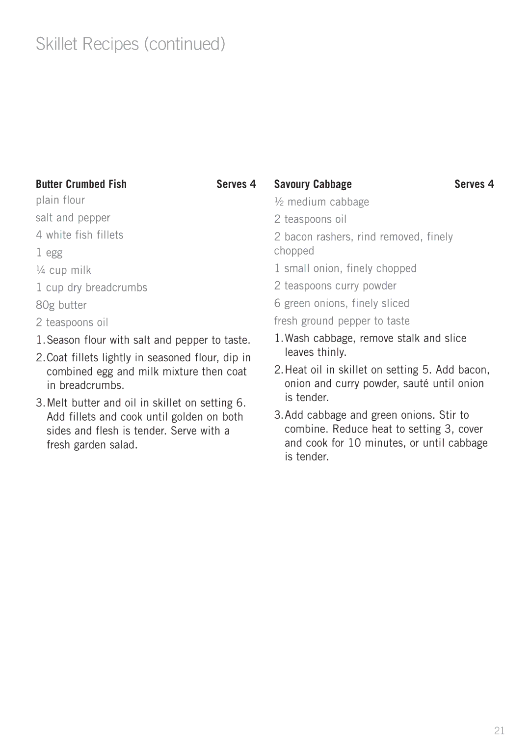 Sunbeam SK6410, SK6400 manual Butter Crumbed Fish, Savoury Cabbage 