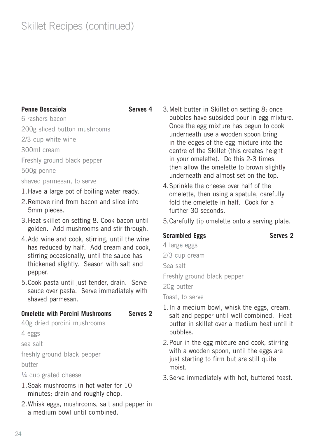 Sunbeam SK6400, SK6410 manual Penne Boscaiola, Scrambled Eggs 