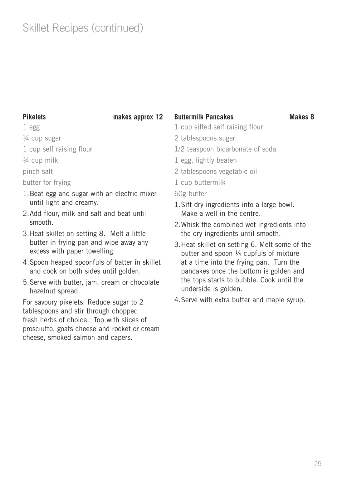 Sunbeam SK6410, SK6400 manual Pikelets, Buttermilk Pancakes 