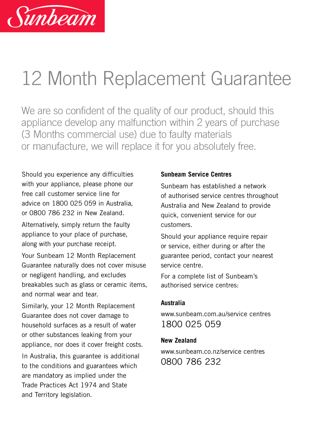 Sunbeam SK6410, SK6400 manual Month Replacement Guarantee, Sunbeam Service Centres, Australia, New Zealand 