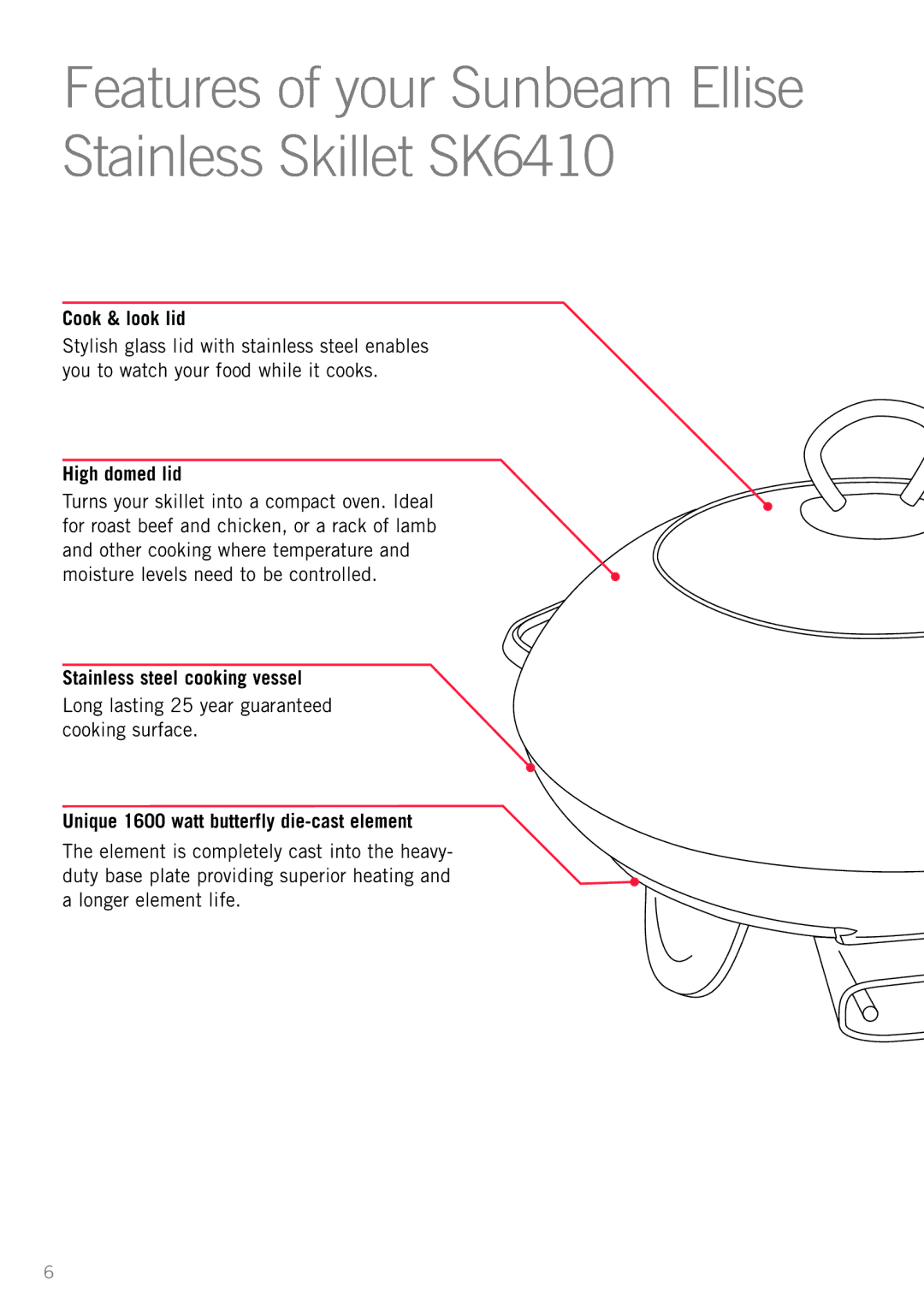 Sunbeam SK6400 manual Features of your Sunbeam Ellise Stainless Skillet SK6410, Stainless steel cooking vessel 