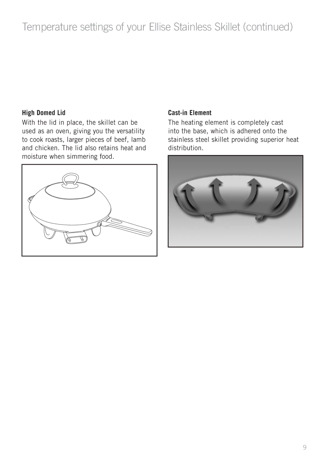 Sunbeam SK6410, SK6400 manual Temperature settings of your Ellise Stainless Skillet, Cast-in Element 