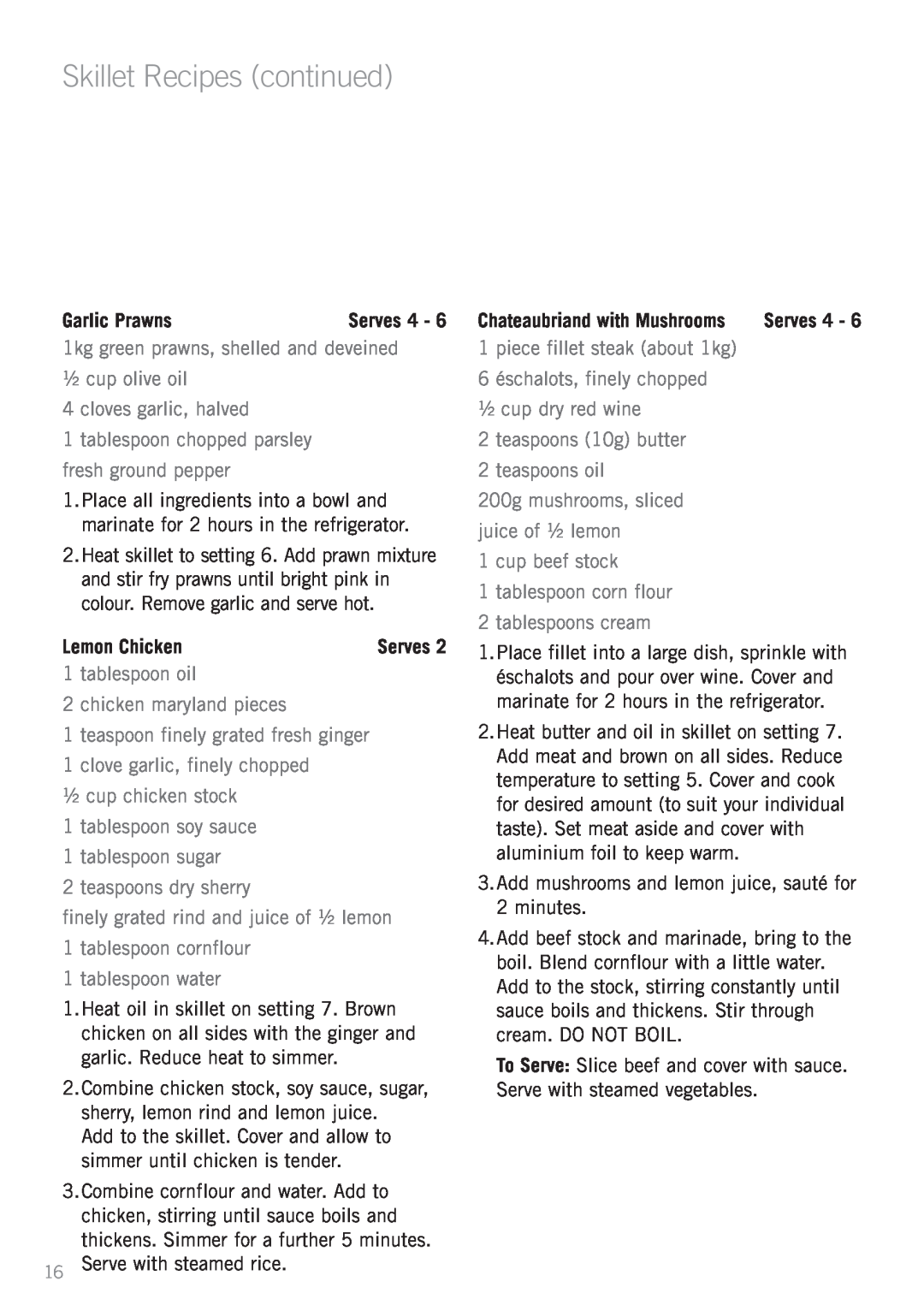 Sunbeam SK6400, SK6410 manual Skillet Recipes continued, Garlic Prawns, Lemon Chicken 