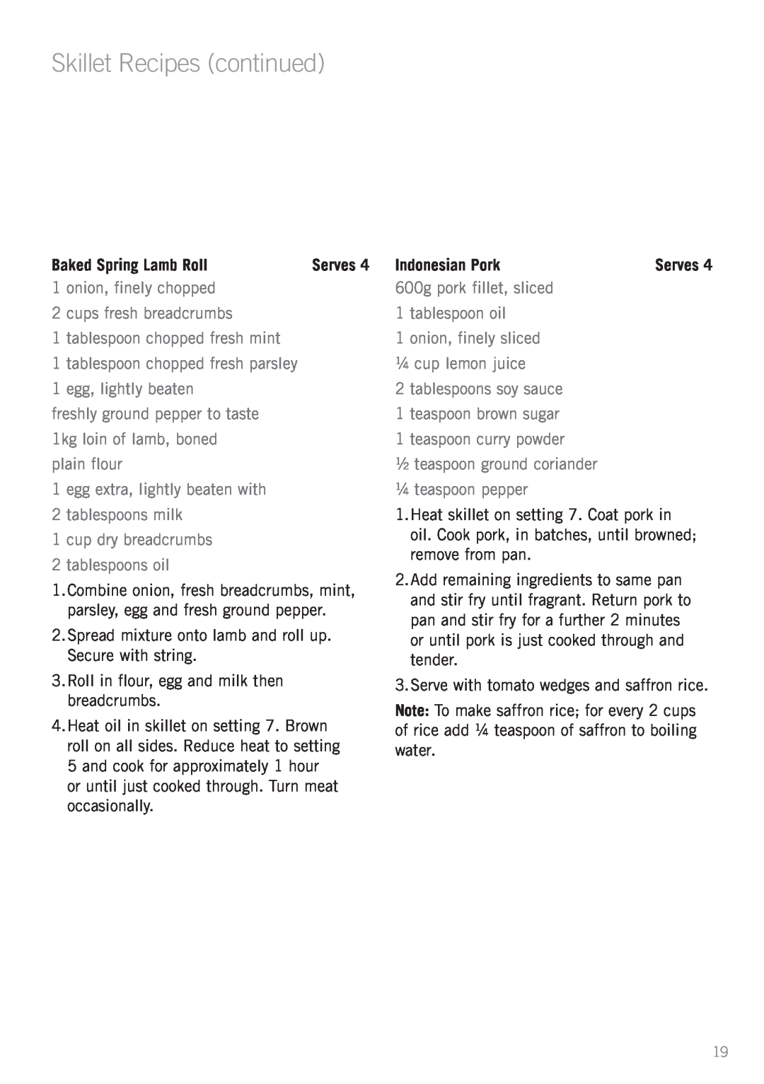 Sunbeam SK6410, SK6400 manual Baked Spring Lamb Roll, Indonesian Pork, Skillet Recipes continued 