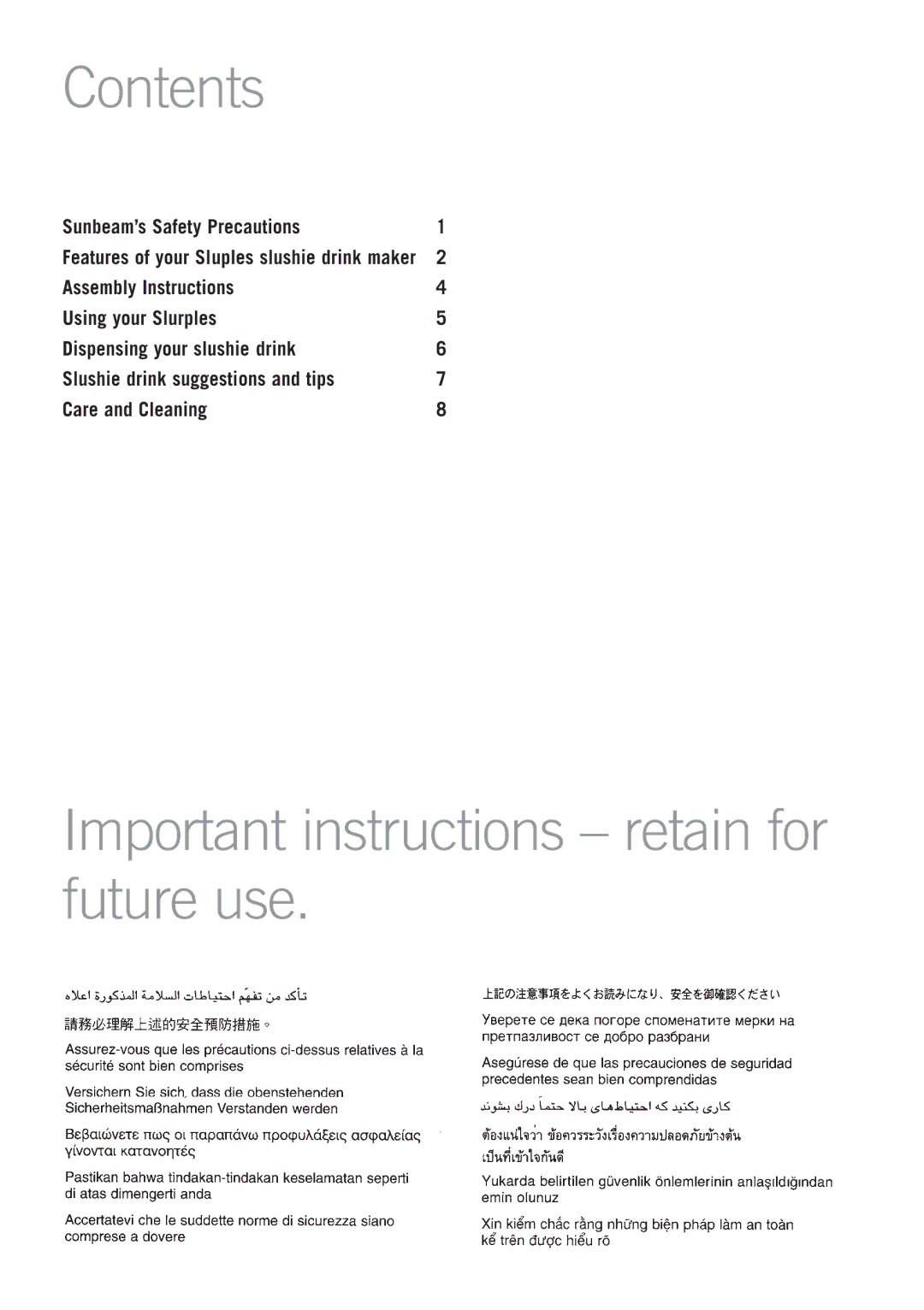 Sunbeam SL4600 manual Contents, Important instructions retain for future use 