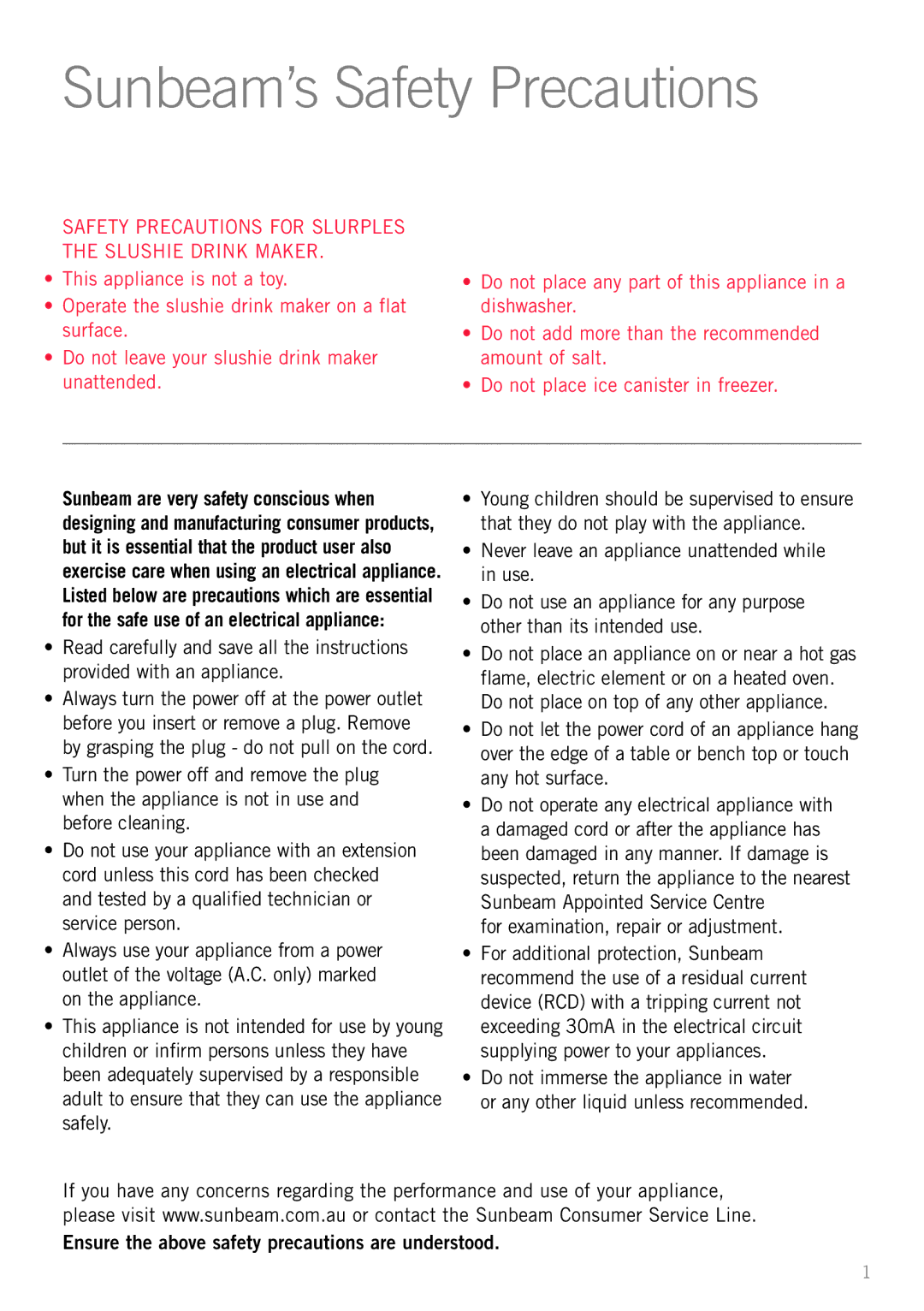 Sunbeam SL4600 manual Sunbeam’s Safety Precautions, For examination, repair or adjustment 