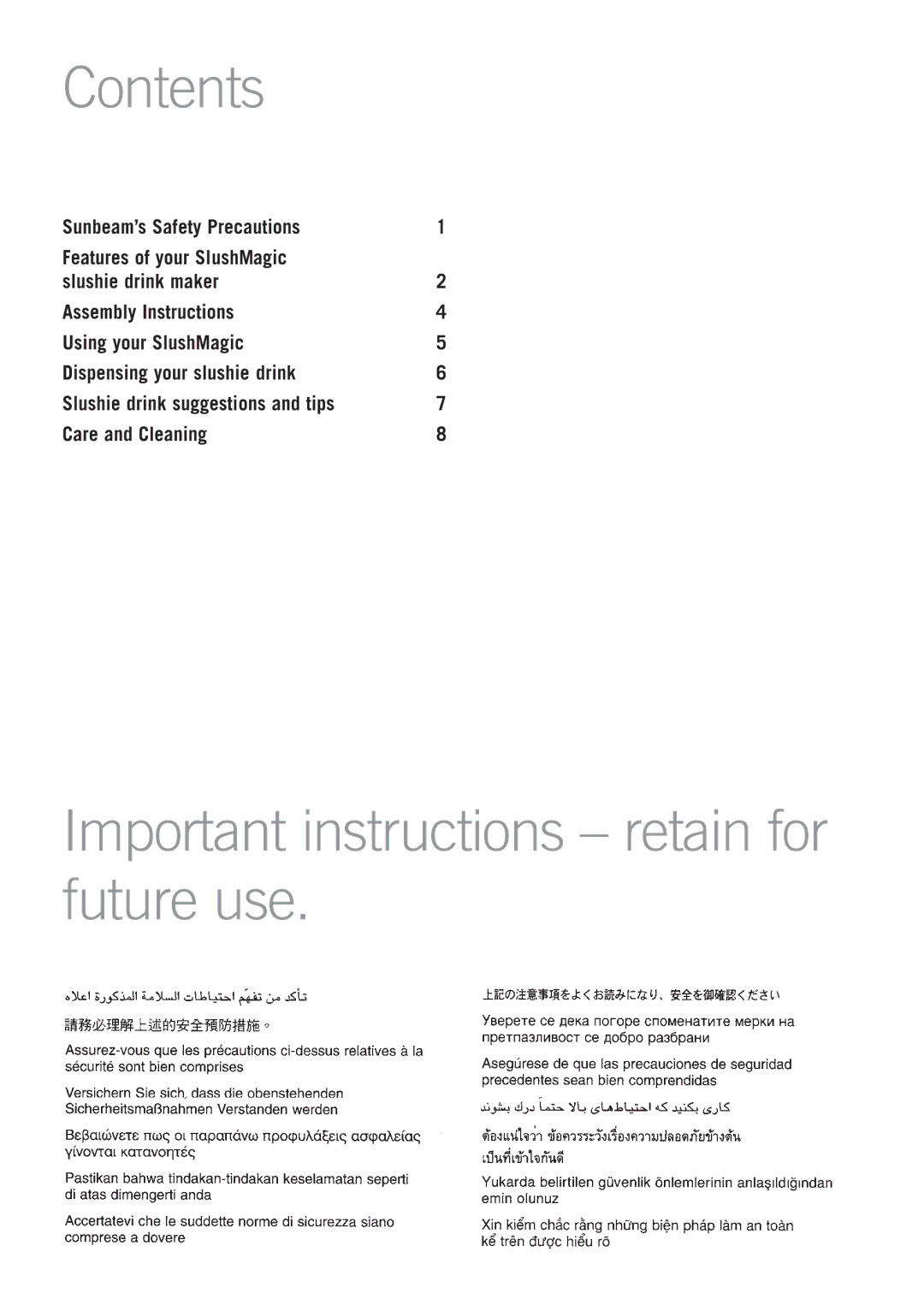 Sunbeam SL5200 manual Contents, Important instructions retain for future use 