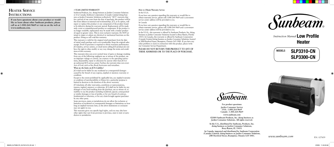 Sunbeam SLP3310-CN, SLP3300-CN instruction manual Heater Service Instructions, What are the limits on JCS’s Liability? 