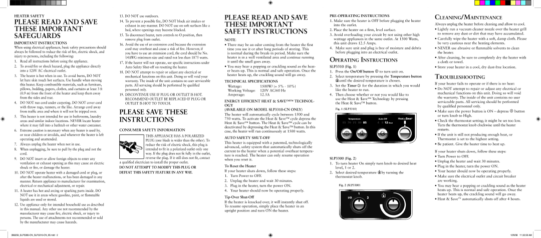 Sunbeam SLP3300-CN, SLP3310-CN Please Read and Save These Important Safeguards, Please Save These Instructions 