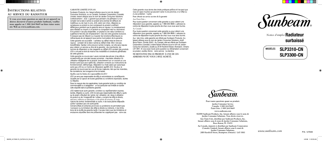 Sunbeam SLP3310-CN Instructions relatives au service du radiateur, Quelles sont les limites de responsabilité de JCS? 