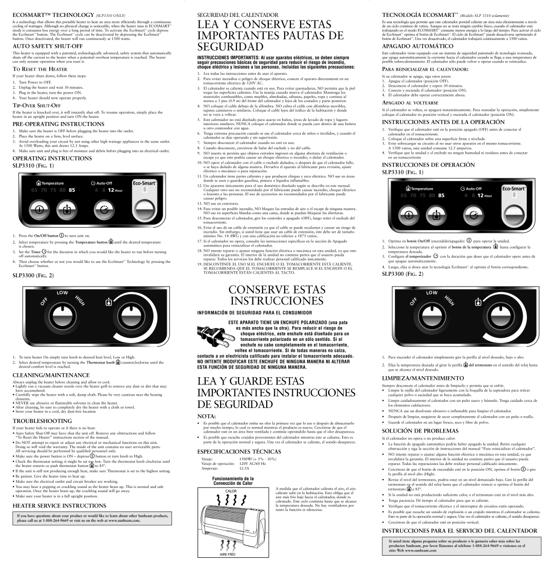 Sunbeam SLP3300 Ecosmart Technology SLP3310 only, Auto Safety SHUT-OFF, PRE-OPERATING Instructions, Operating Instructions 