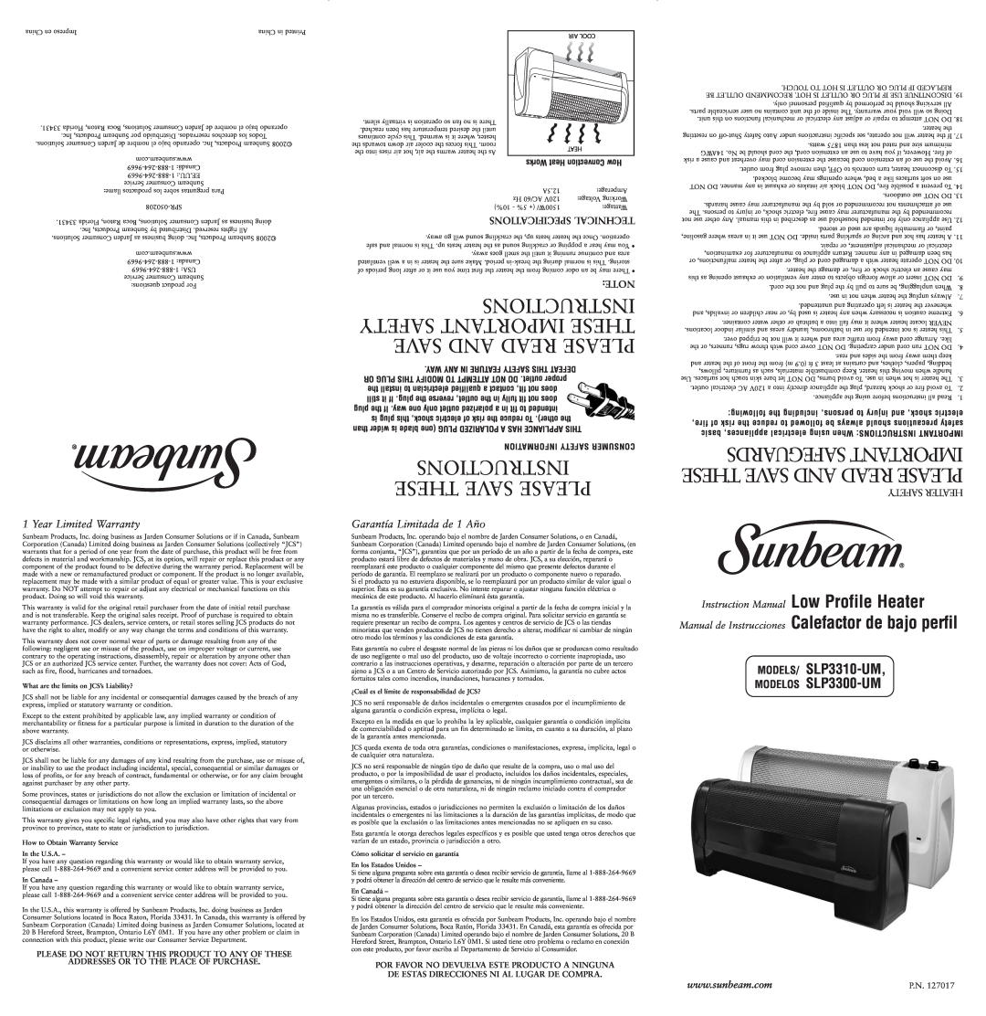 Sunbeam SLP3300 technical specifications Instructions These Save Please 