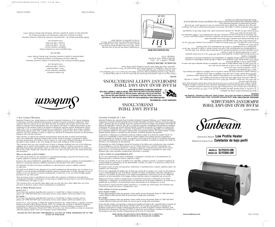 Sunbeam slp3310 technical specifications Instructions Safety Important These Save and Read Please 