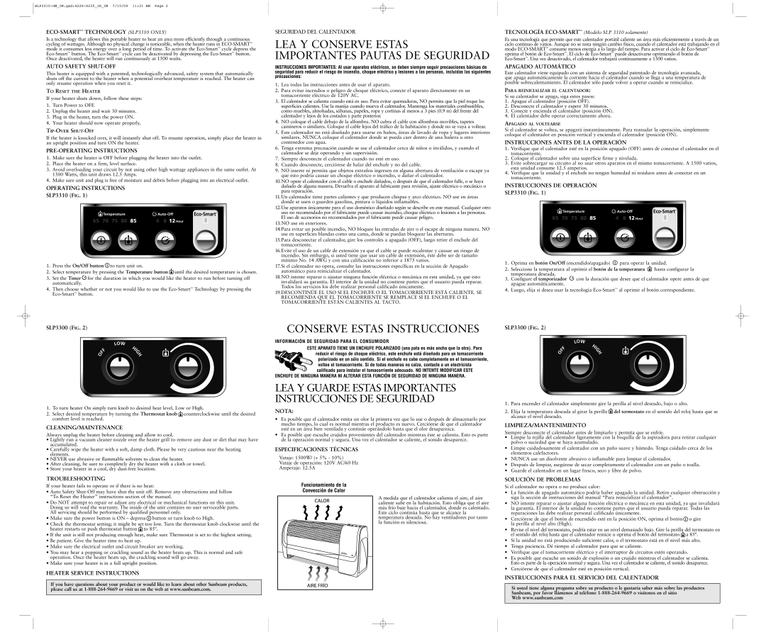 Sunbeam slp3310 technical specifications LEA Y Conserve Estas Importantes Pautas DE Seguridad, Conserve Estas Instrucciones 