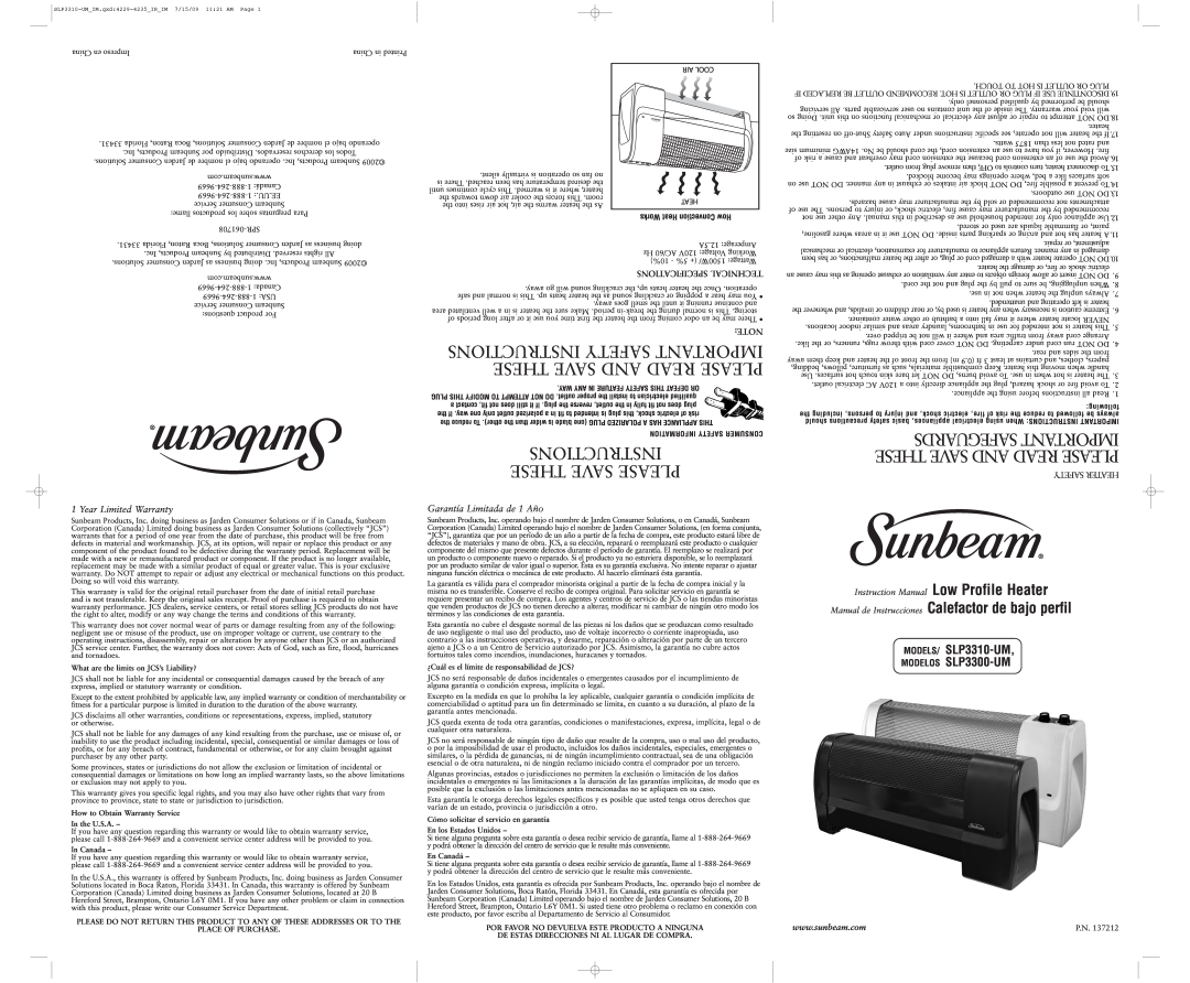 Sunbeam slp3310 technical specifications Instructions These Save Please, Safeguards Important These Save And Read Please 