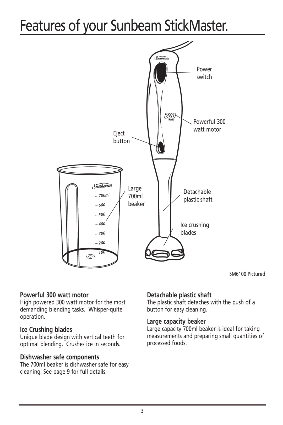 Sunbeam SM6210, SM6100 manual Powerful 300 watt motor, Ice Crushing blades, Detachable plastic shaft, Large capacity beaker 