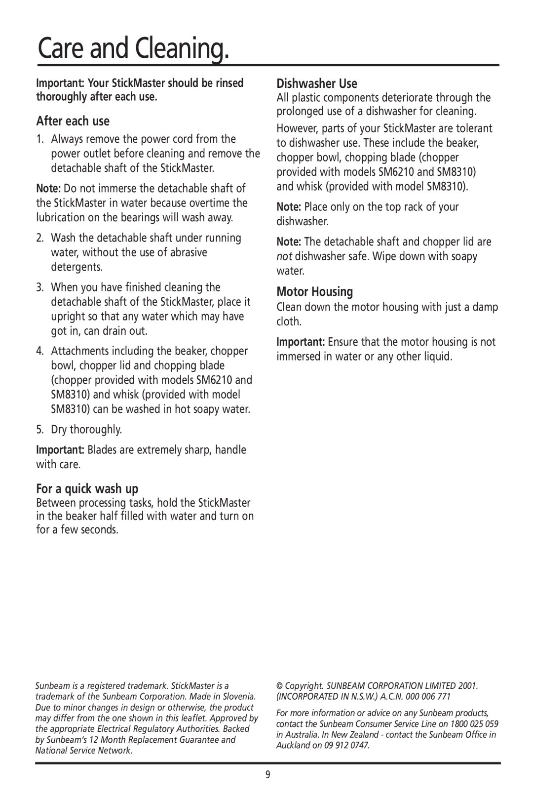 Sunbeam SM6210, SM6100, SM8310 manual Care and Cleaning, After each use, For a quick wash up, Dishwasher Use, Motor Housing 