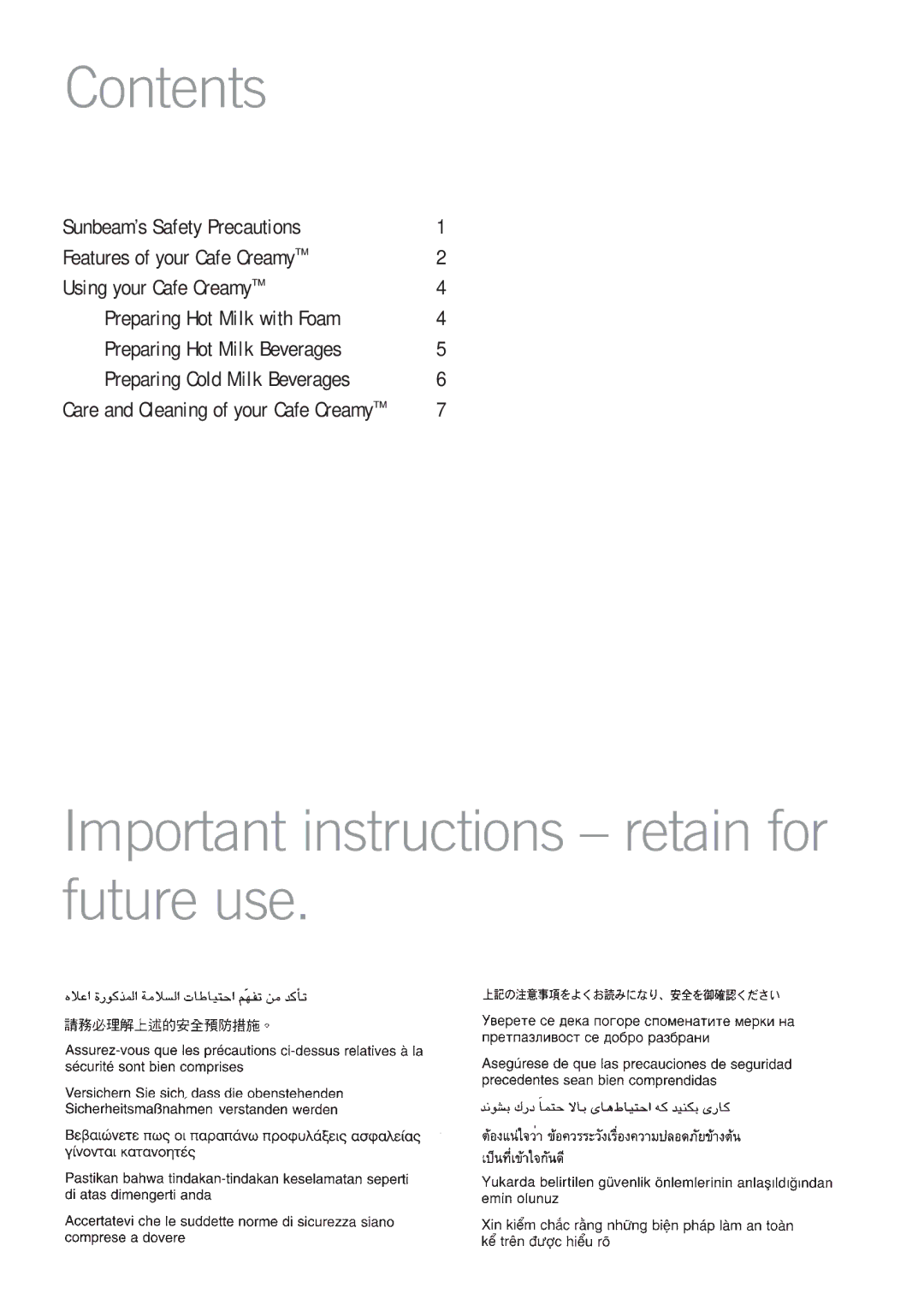 Sunbeam SM8650, EM0180 manual Contents, Important instructions retain for future use 