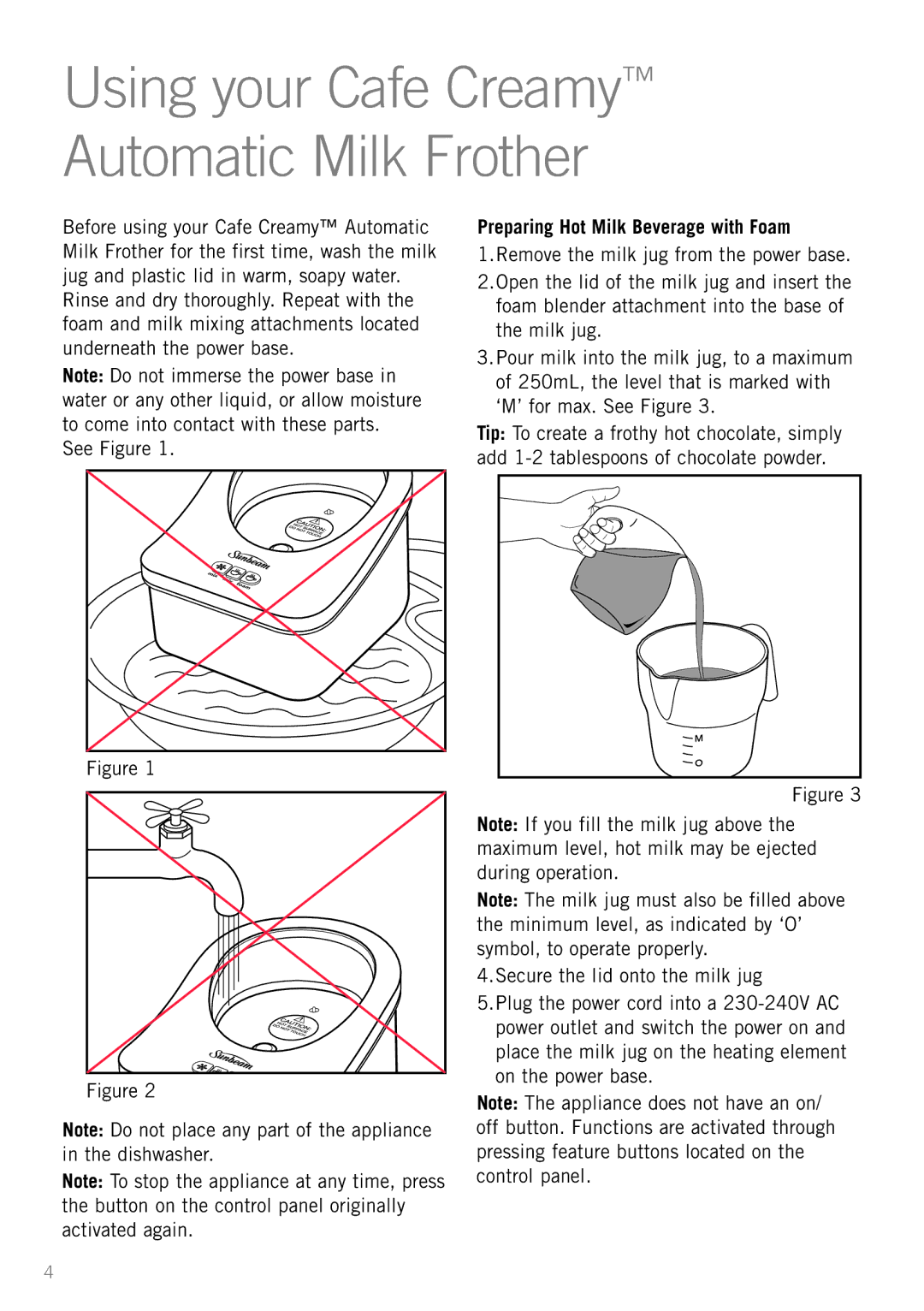 Sunbeam SM8650, EM0180 manual Using your Cafe Creamy Automatic Milk Frother, Preparing Hot Milk Beverage with Foam 