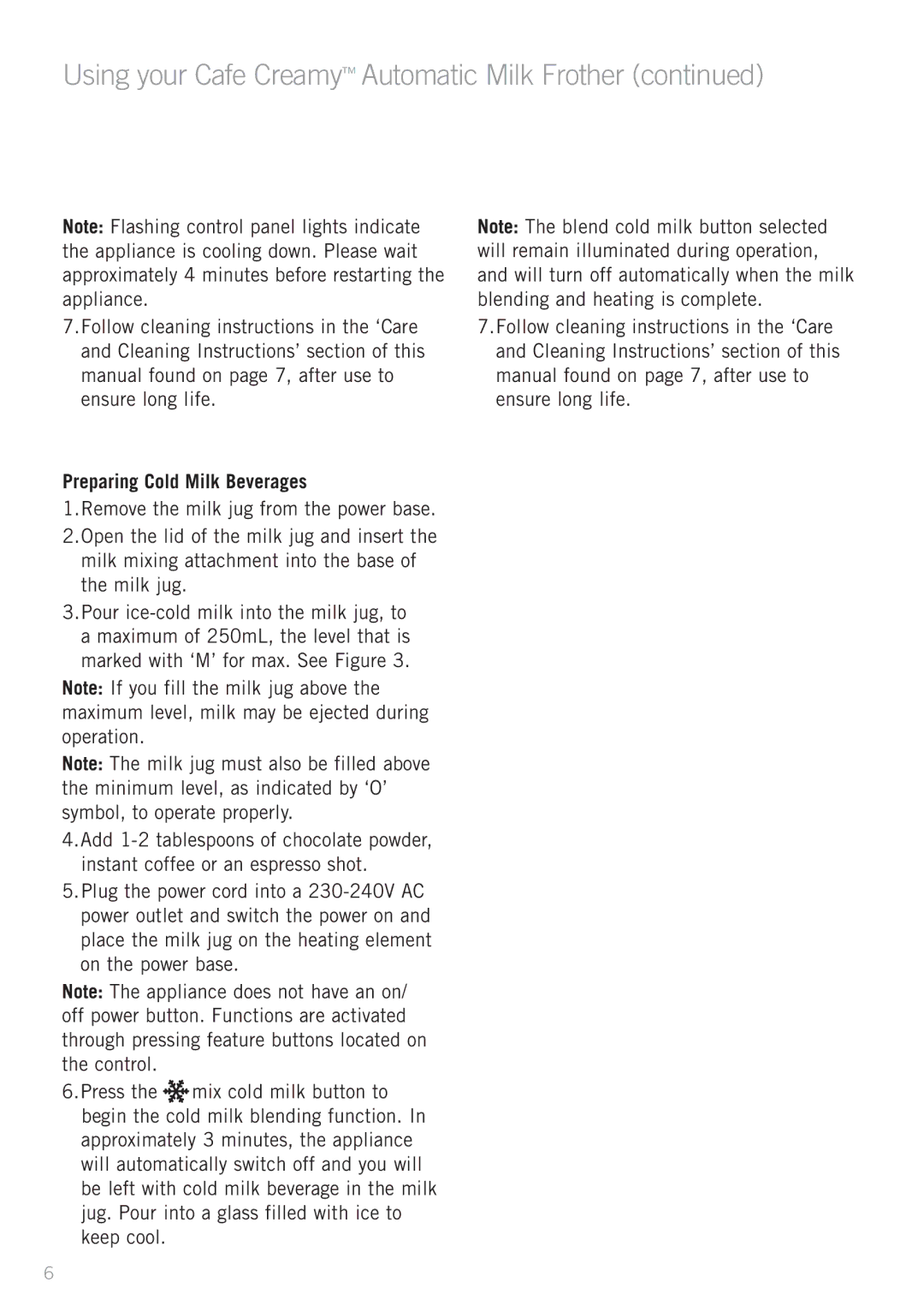 Sunbeam SM8650, EM0180 manual Preparing Cold Milk Beverages 