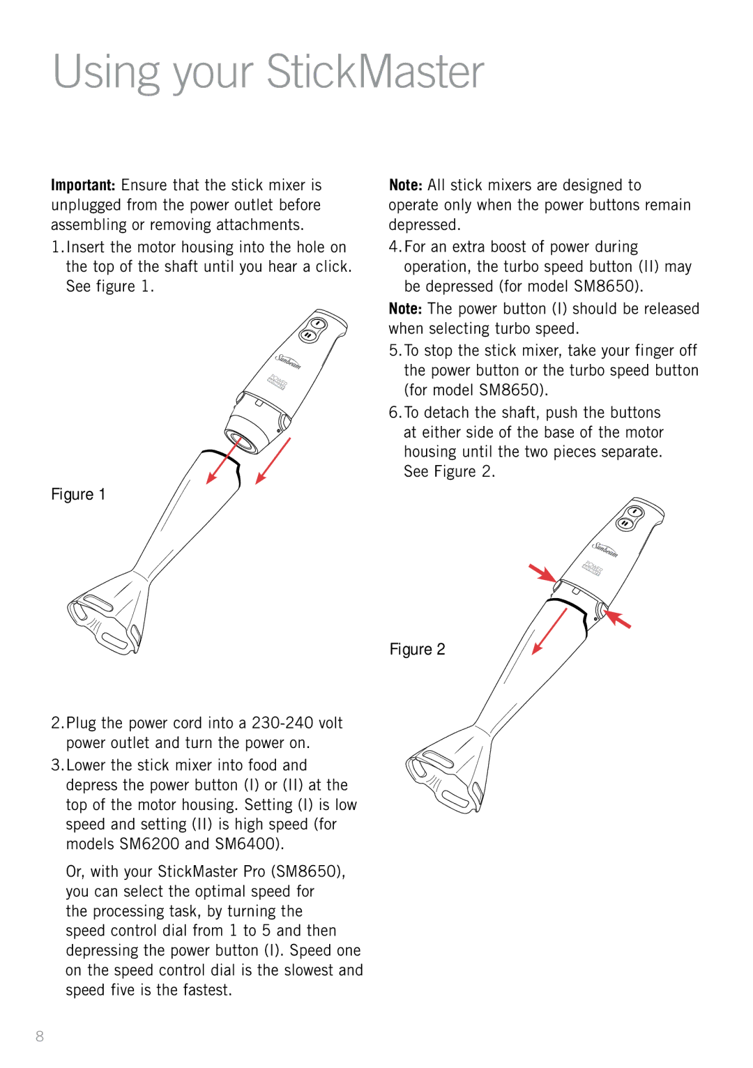 Sunbeam SM6400, SM8650, SM6200 manual Using your StickMaster 