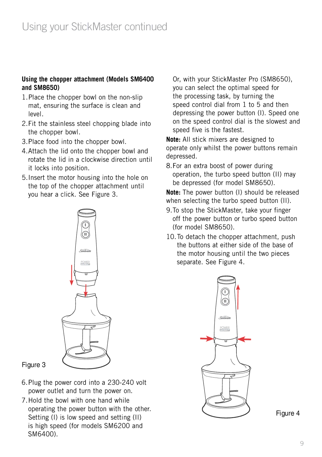 Sunbeam SM6200 manual Using your StickMaster, Using the chopper attachment Models SM6400 and SM8650 