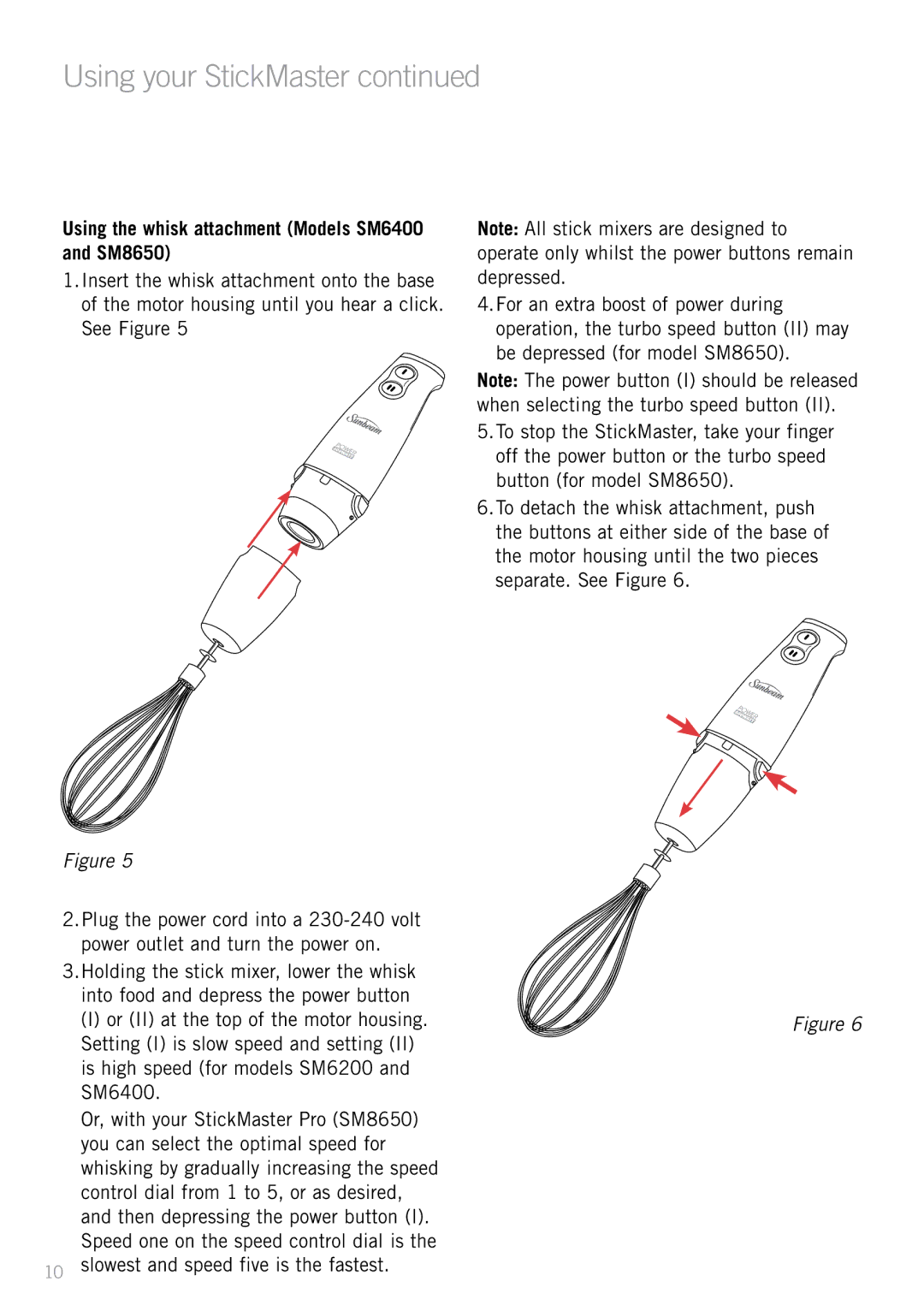 Sunbeam SM6200 manual Using the whisk attachment Models SM6400 and SM8650 