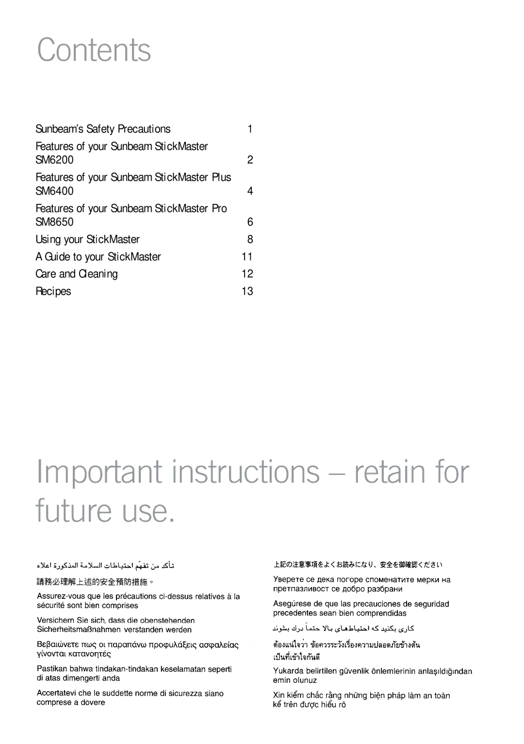 Sunbeam SM6200, SM8650, SM6400 manual Contents, Important instructions retain for future use 