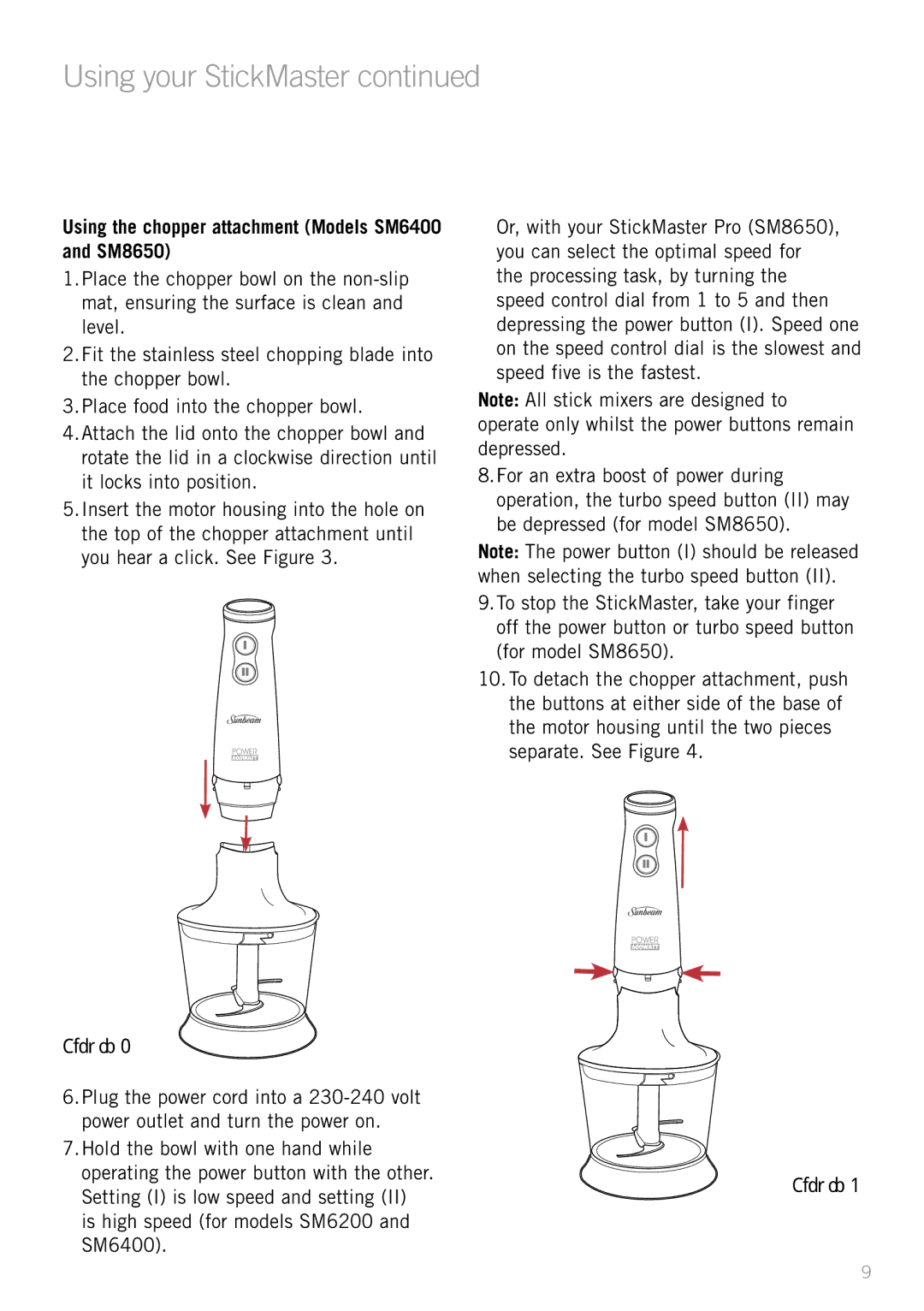 Sunbeam manual Using your StickMaster, Using the chopper attachment Models SM6400 and SM8650 