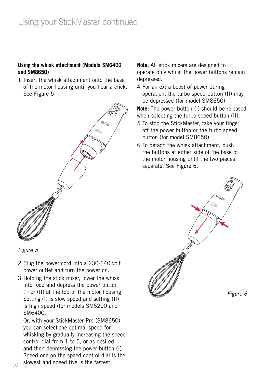 Sunbeam manual Using the whisk attachment Models SM6400 and SM8650 