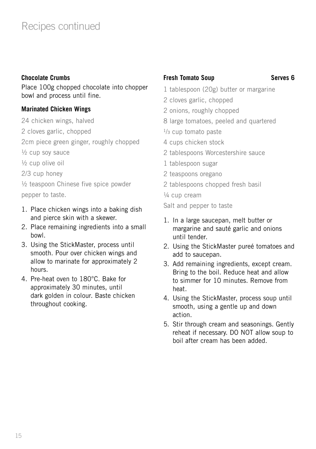 Sunbeam SM6400, SM8650 manual Chocolate Crumbs, Marinated Chicken Wings, Fresh Tomato Soup 