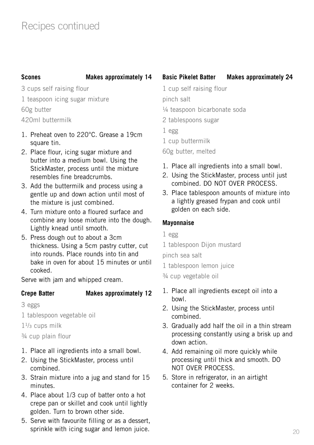 Sunbeam SM8650, SM6400 manual Scones, Crepe Batter, Basic Pikelet Batter, Mayonnaise 