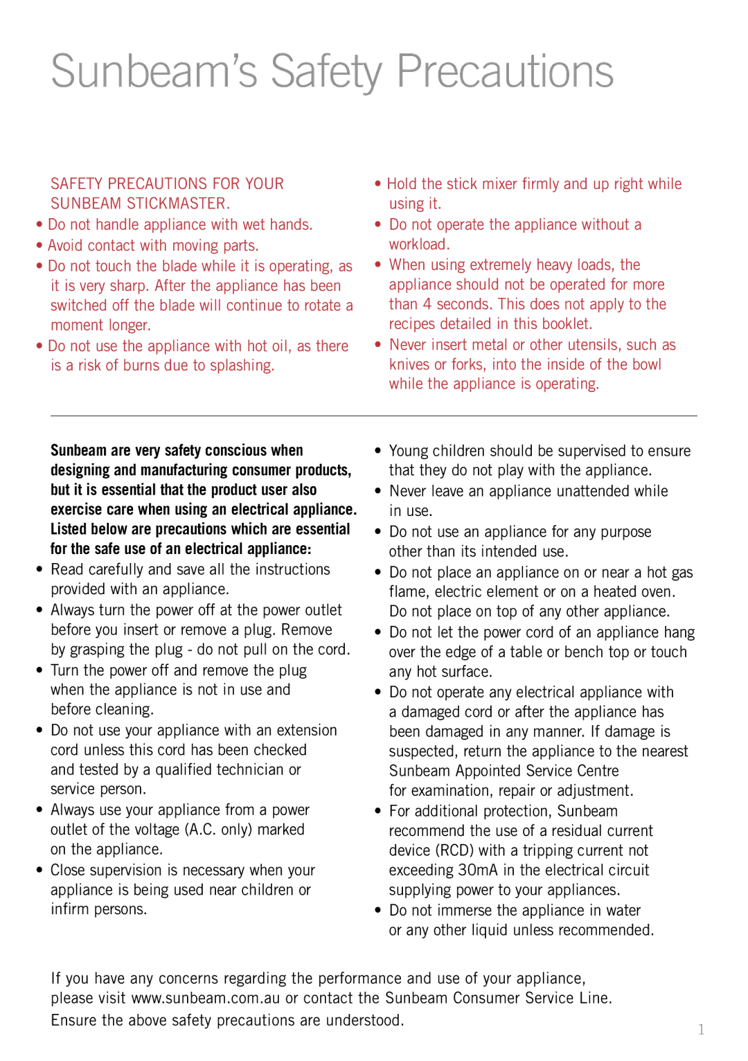 Sunbeam SM6400, SM8650 manual Sunbeam’s Safety Precautions, Safety Precautions for Your Sunbeam Stickmaster 