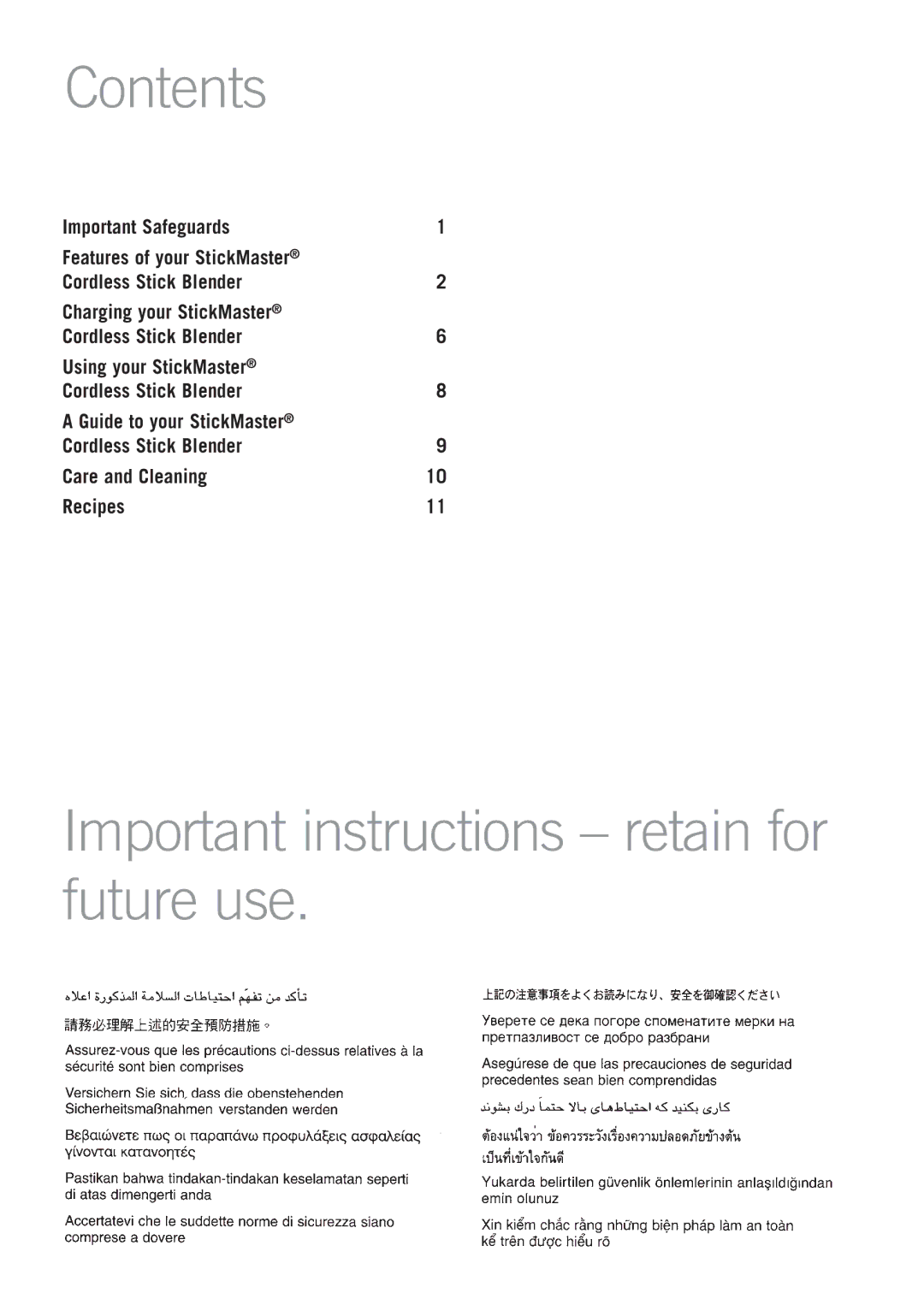 Sunbeam SM8700 manual Contents, Important instructions retain for future use 