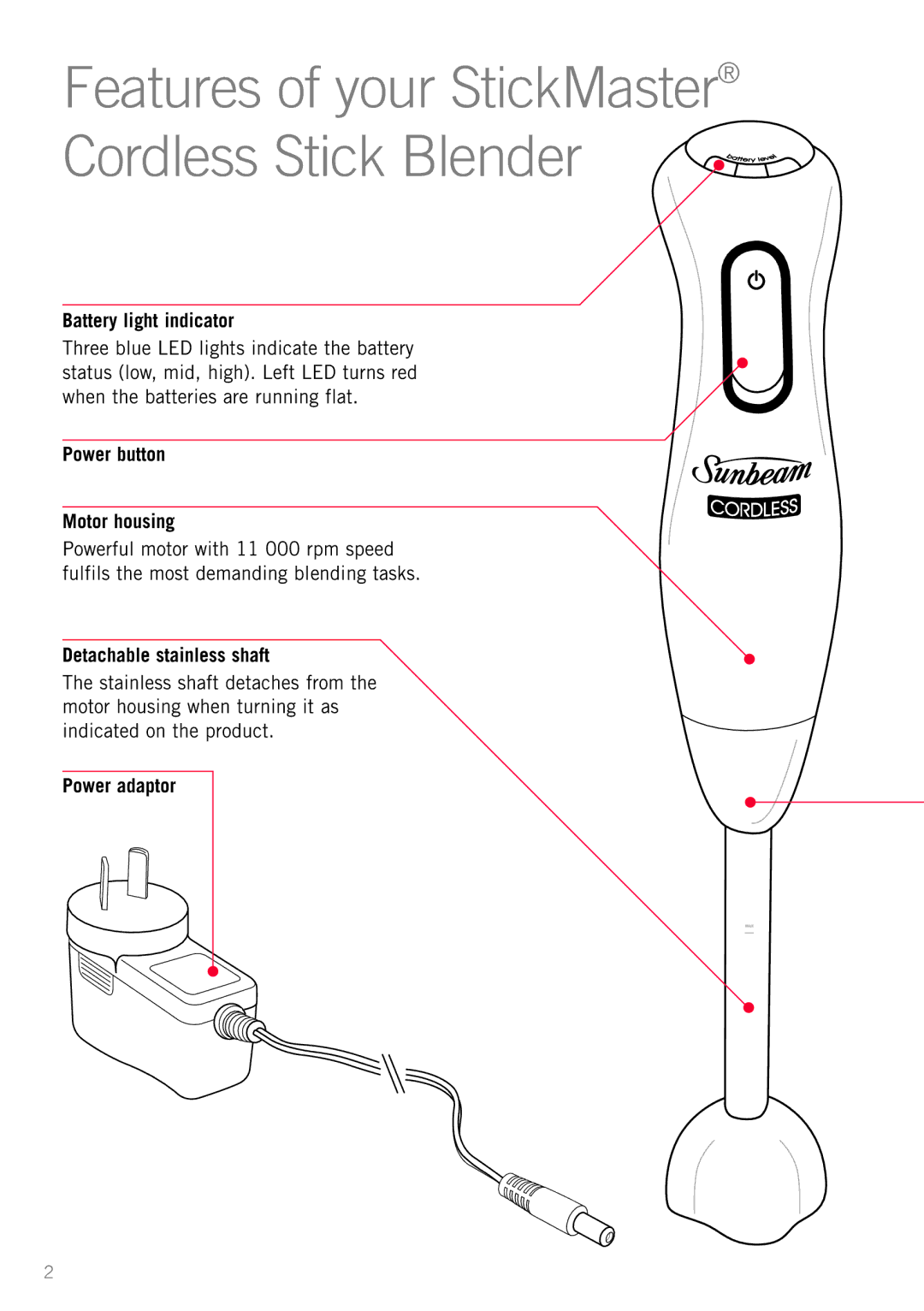 Sunbeam SM8700 Features of your StickMaster Cordless Stick Blender, Battery light indicator, Power button Motor housing 