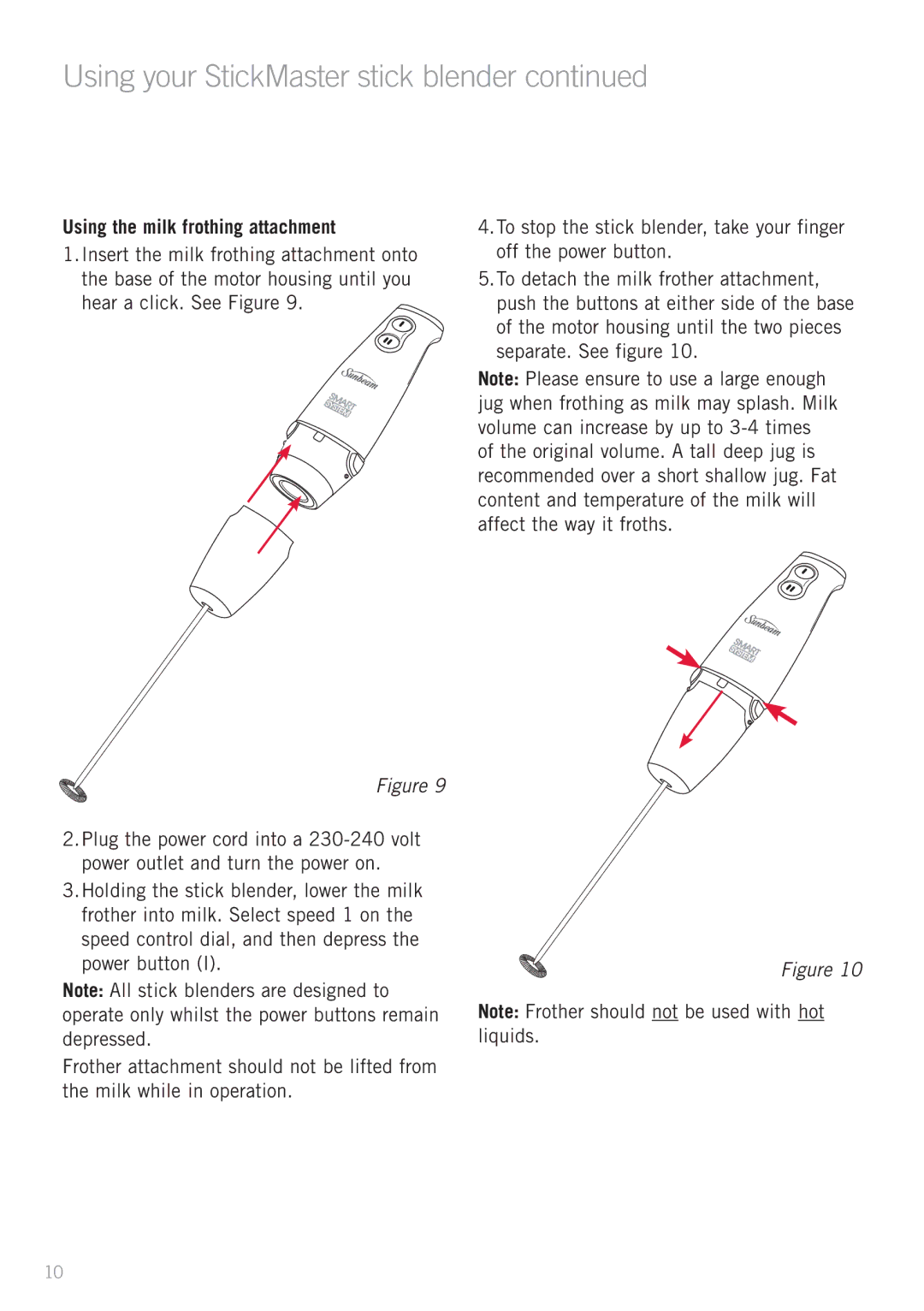 Sunbeam SM8900 manual Using the milk frothing attachment 