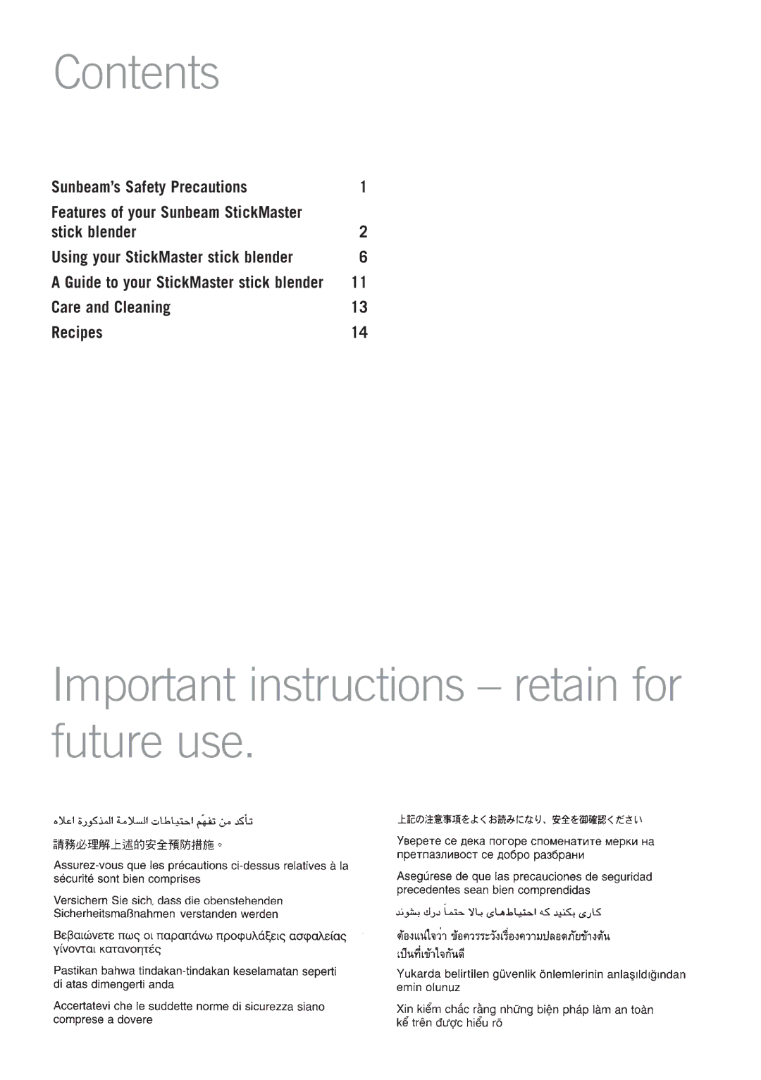 Sunbeam SM8900 manual Contents, Important instructions retain for future use 