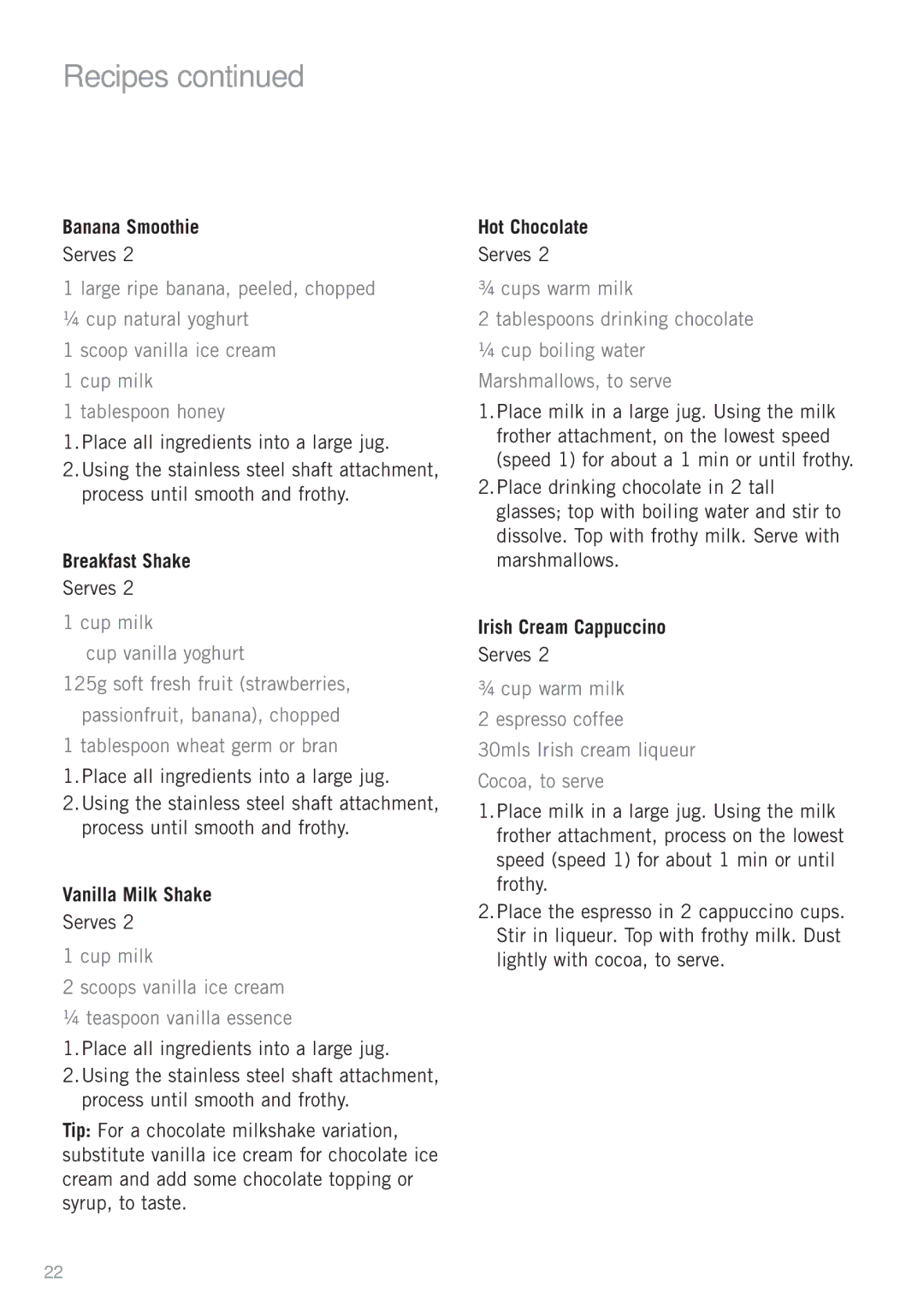Sunbeam SM8900 manual Banana Smoothie, Breakfast Shake, Vanilla Milk Shake, Hot Chocolate, Irish Cream Cappuccino 