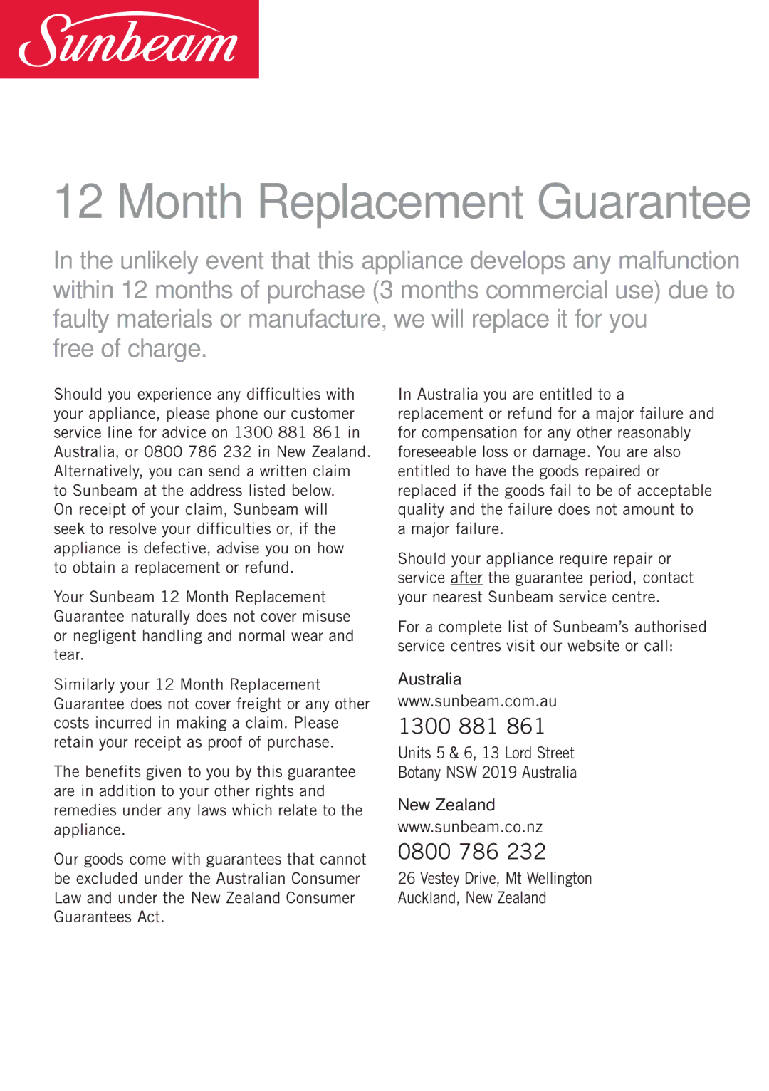 Sunbeam SM8900 manual Month Replacement Guarantee, Australia, New Zealand 