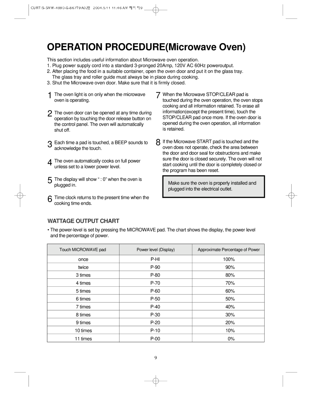 Sunbeam SMW-4990 manual 100%, 90%, 80%, 70%, 60%, 50%, 40%, 30%, 20%, 10% 