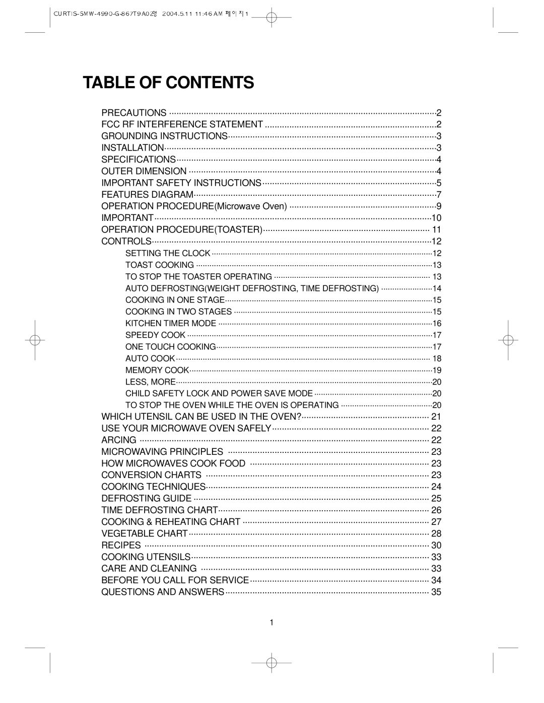 Sunbeam SMW-4990 manual Table of Contents 