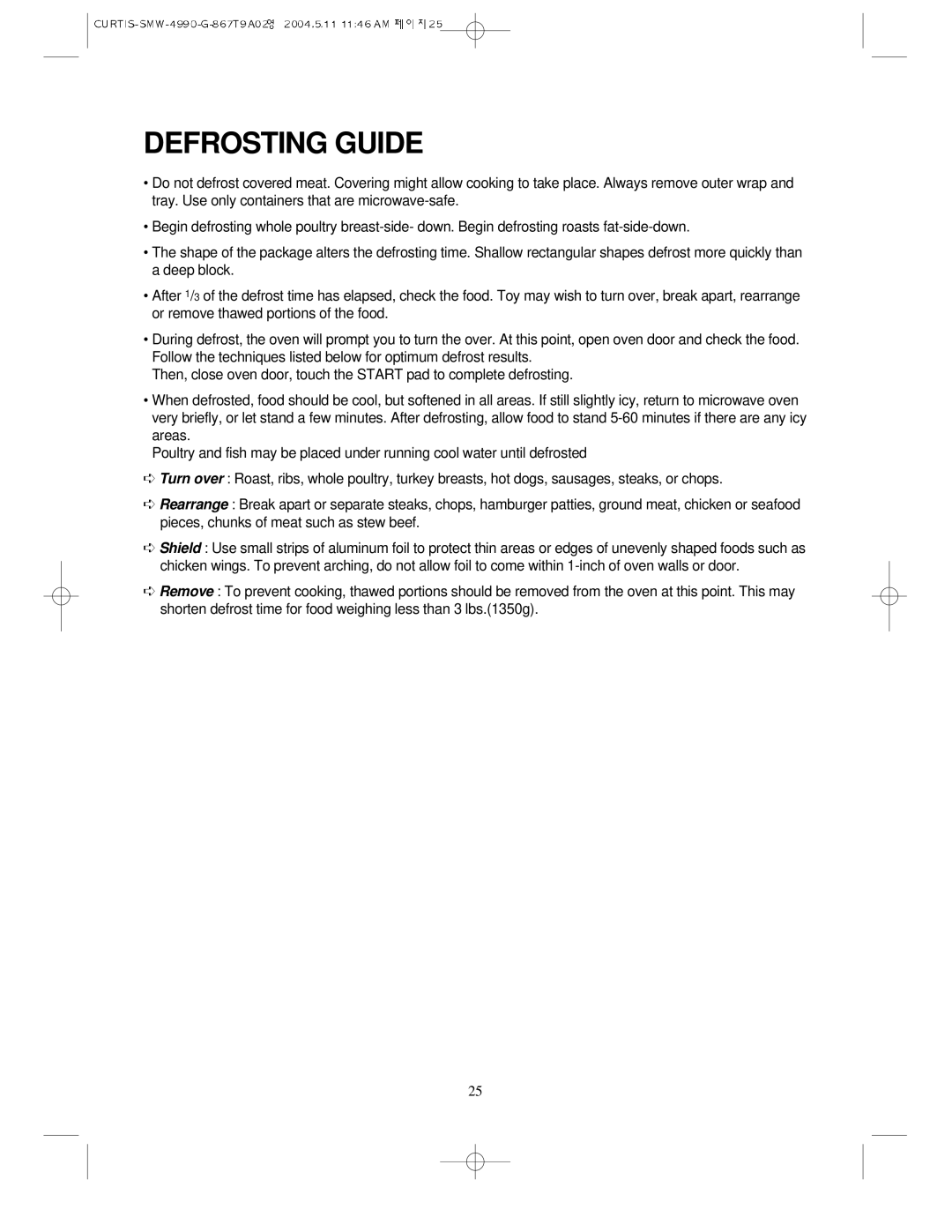 Sunbeam SMW-4990 manual Defrosting Guide 