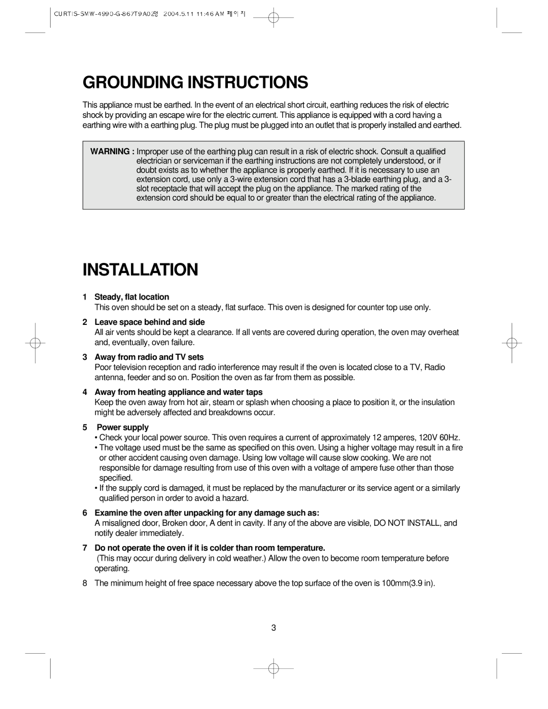 Sunbeam SMW-4990 manual Grounding Instructions, Installation 