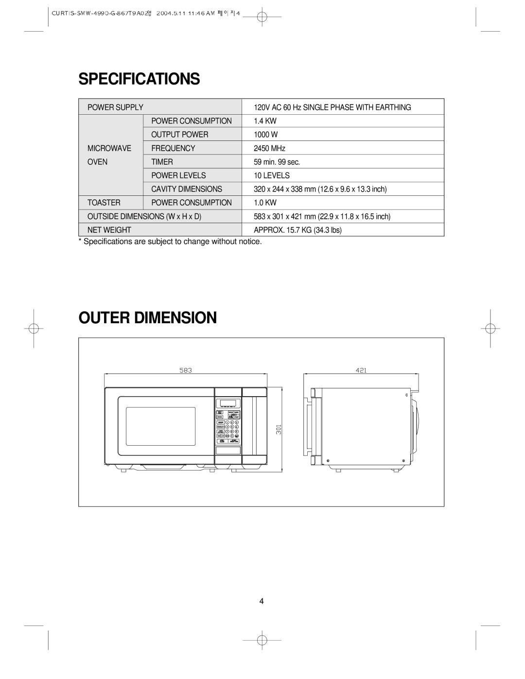 Sunbeam SMW-4990 manual Specifications, Outer Dimension 